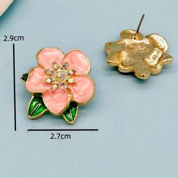Pink, Orange, Green Glazed, Glossy, Enamel, Crystal Flower Shaped Stud Earrings - Picture 3 of 6